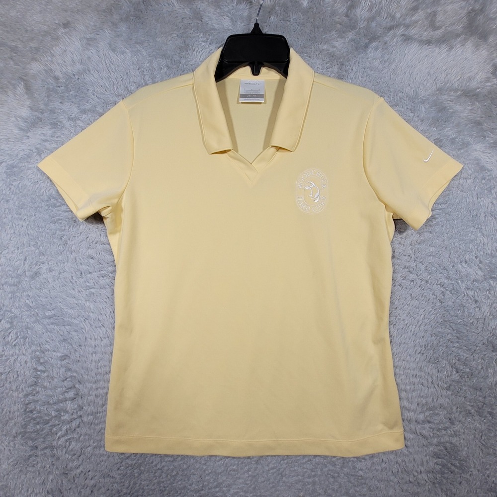Nike Golf Polo Shirt Womens Large Yellow V Neck Dri-FIT Woodchuck Hard Cider